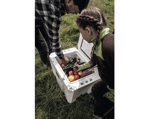 Des personnes prennent des boissons et des aliments dans une glacière en plein air