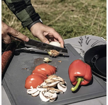 Gemüse wie Paprika, Tomaten, Zwiebeln und Champignons werden auf einem Schneidebrett geschnitten.