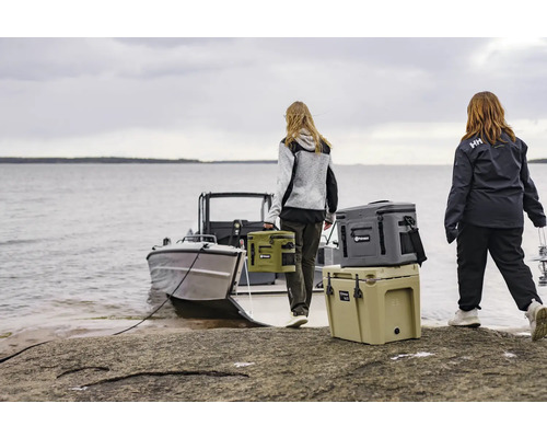 Scène avec deux personnes, un bateau et des glacières isolées de différentes tailles
