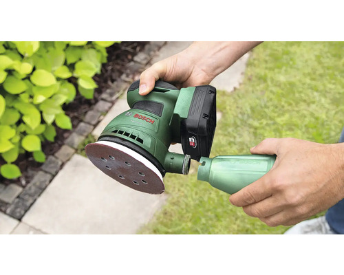 Ponceuse excentrique sans fil avec boîte à poussière tenue dans la main