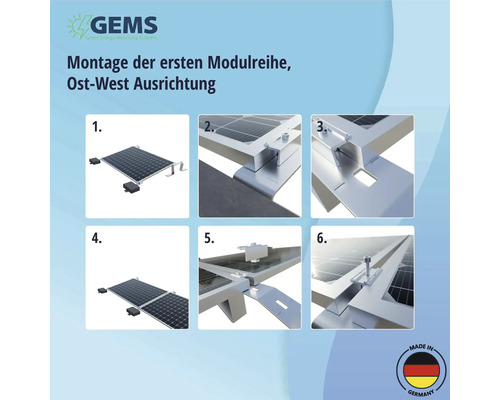 Anleitung zur Montage der ersten Modulreihe für Ost-West-Ausrichtung mit GEMS Logo und Made in Germany Siegel