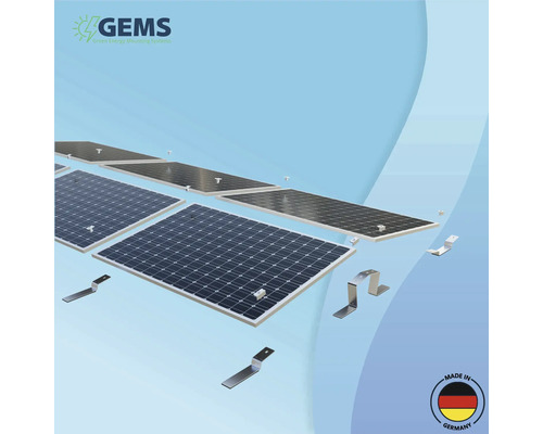 Solarpaneele mit Montagesystem für erneuerbare Energie, GEMS Logo und Made in Germany Siegel