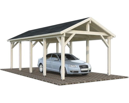 Carport aus Holz mit einem Auto darunter