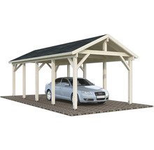 Abri de voiture en bois avec une voiture en dessous