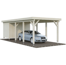 Holzcarport mit Geräteraum und geparktem Auto
