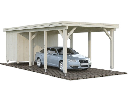 Carport en bois avec remise et voiture