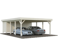 Doppelcarport aus Holz mit zwei geparkten Autos