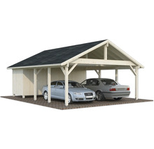 Doppelcarport aus Holz mit zwei parkenden Autos