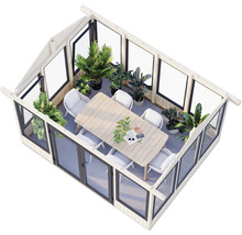 Serre en bois avec table et chaises ainsi que des plantes