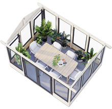 Spacieuse maison de jardin avec table, chaises et plantes, pour un espace de vie extérieur lumineux et accueillant