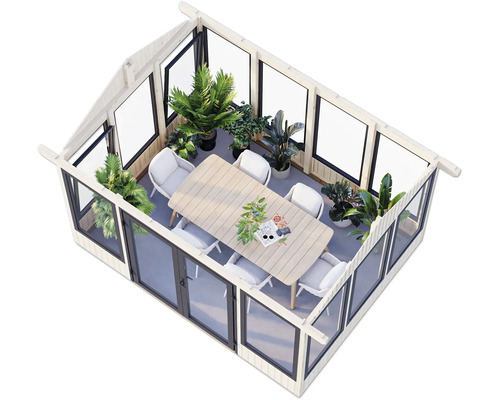 Spacieuse maison de jardin avec table, chaises et plantes, pour un espace de vie extérieur lumineux et accueillant