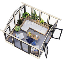 Pavillon de jardin avec coin salon, table et plantes dans une ambiance lumineuse et conviviale
