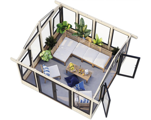 Pavillon de jardin avec coin salon, table et plantes dans une ambiance lumineuse et conviviale