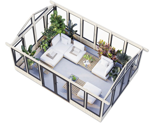 Vue de dessus d''une véranda lumineuse avec coin salon et plantes