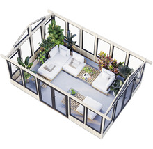 Vue de dessus d''une véranda avec coin salon et plantes