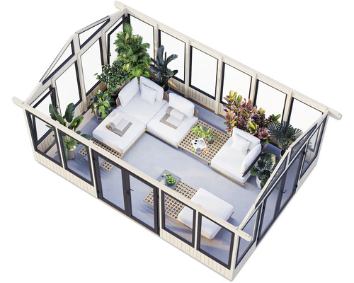 Ein Wintergarten mit Lounge-Möbeln und Pflanzen.
