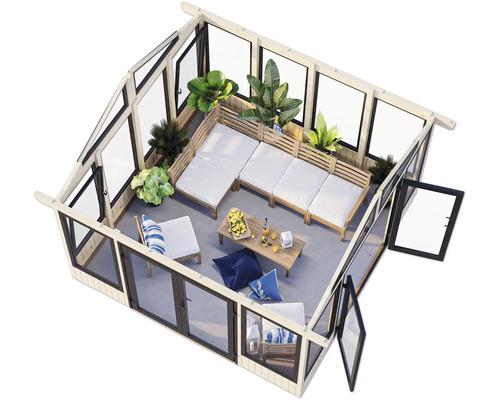 Helles Gewächshaus mit Holzrahmen, Glasfenstern, Sitzbereich und Gartendekoration