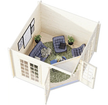 Vue intérieure d''une cabane de jardin avec meubles et décoration
