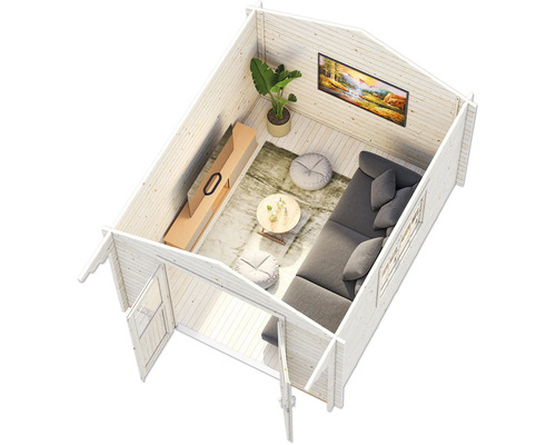 Vue intérieure d''un abri de jardin avec canapé, table, télévision et décoration