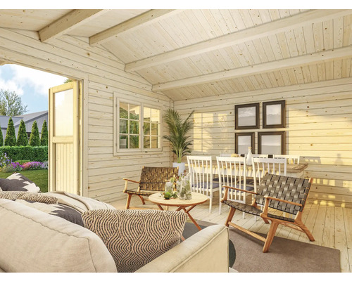 Vue intérieure d''une maison de jardin lumineuse avec mobilier et décoration