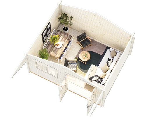 Vue intérieure d''une maison en bois avec coin salon et salle à manger