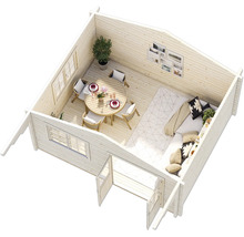 Vue intérieure d''une cabane de jardin avec meubles et décoration