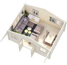 Vue intérieure d''un abri de jardin avec salon, coin salon et coin repas.