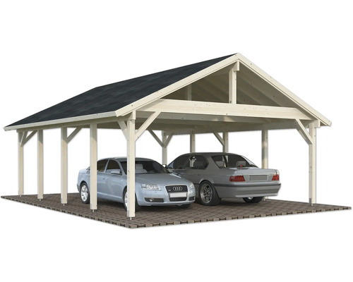 Double carport en bois avec deux voitures