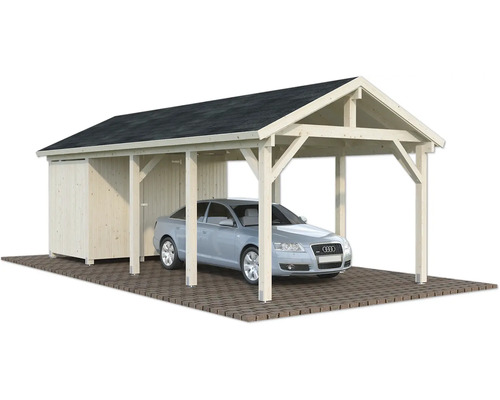 Carport mit Geräteschuppen und Auto