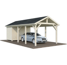 Carport aus Holz mit Geräteraum und Auto auf Pflastersteinen