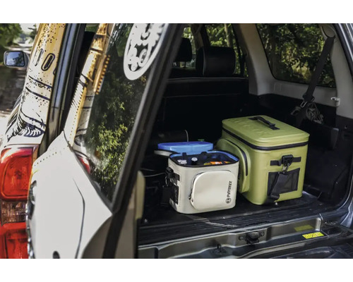 Zwei Kühlboxen im Kofferraum eines Autos.