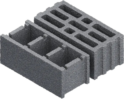 Deux blocs de coffrage gris avec évidements