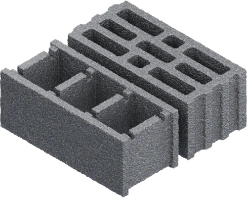 Zwei graue Mauersteine aus Beton mit Hohlräumen