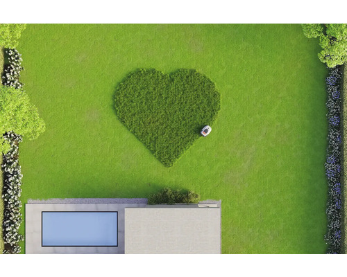 Draufsicht eines Gartens mit Rasenherz und Rasenroboter neben einem Haus mit Pool