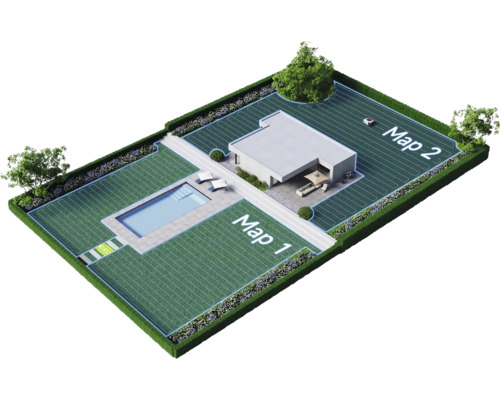 Draufsicht einer Gartenlandschaft mit Haus, Pool und Rasenroboter