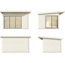 Ansichten eines Holzgartenhauses mit Pultdach und Schiebetür