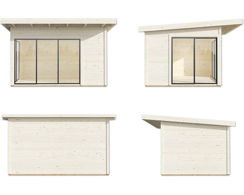 Ansichten eines Holzgartenhauses mit Pultdach und Schiebetür