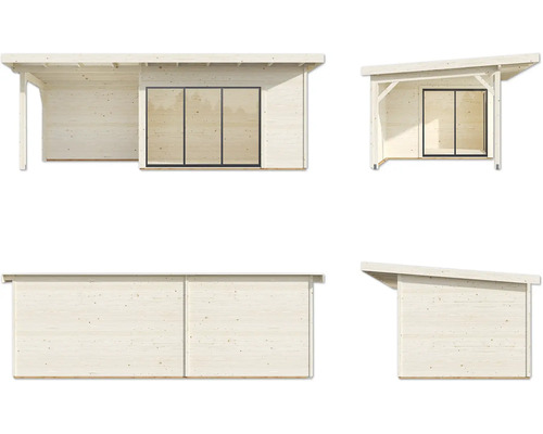 Mehransichten eines Gartenhauses aus Holz mit Schiebetür