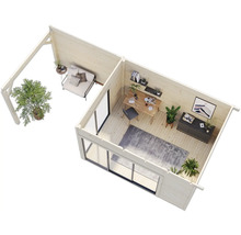 Draufsicht eines hellen Gartenhauses mit Terrasse und moderner Einrichtung