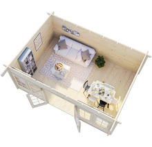 Vue intérieure d''une maison en bois avec un salon, une salle à manger et des étagères.