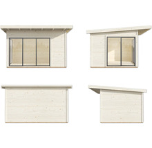 Plusieurs vues d''une cabane de jardin en bois avec toit plat et portes coulissantes en verre