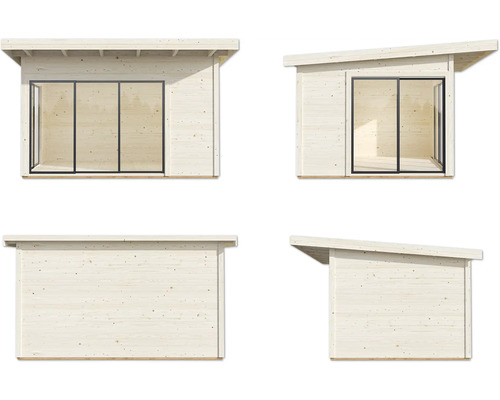 Plusieurs vues d''une cabane de jardin en bois avec toit plat et portes coulissantes en verre