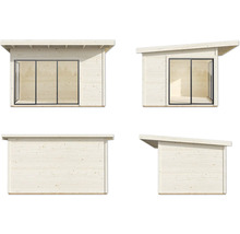 Différentes vues d''un abri de jardin en bois avec toit plat et portes coulissantes