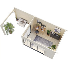 Draufsicht eines Gartenhauses mit Wohnbereich und Arbeitsbereich