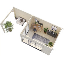 Innenansicht eines Holzgartenhauses mit Büro und Lounge-Bereich