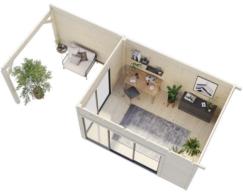 Innenansicht eines Holzgartenhauses mit Büro und Lounge-Bereich