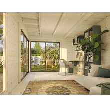 Vue intérieure d''un cabanon de jardin lumineux avec fenêtres, tapis, étagères, bureau, chaise et canapé