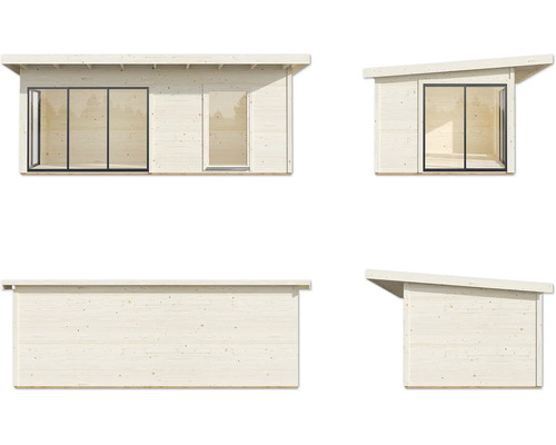 Holzgartenhaus mit Fenster und Tür in verschiedenen Ansichten