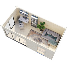 Vue intérieure d''une maison de jardin avec coin bureau et coin salon avec canapé