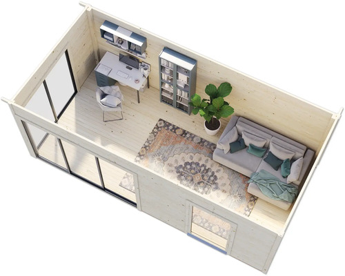 Vue intérieure d''une maison de jardin avec coin bureau et coin salon avec canapé